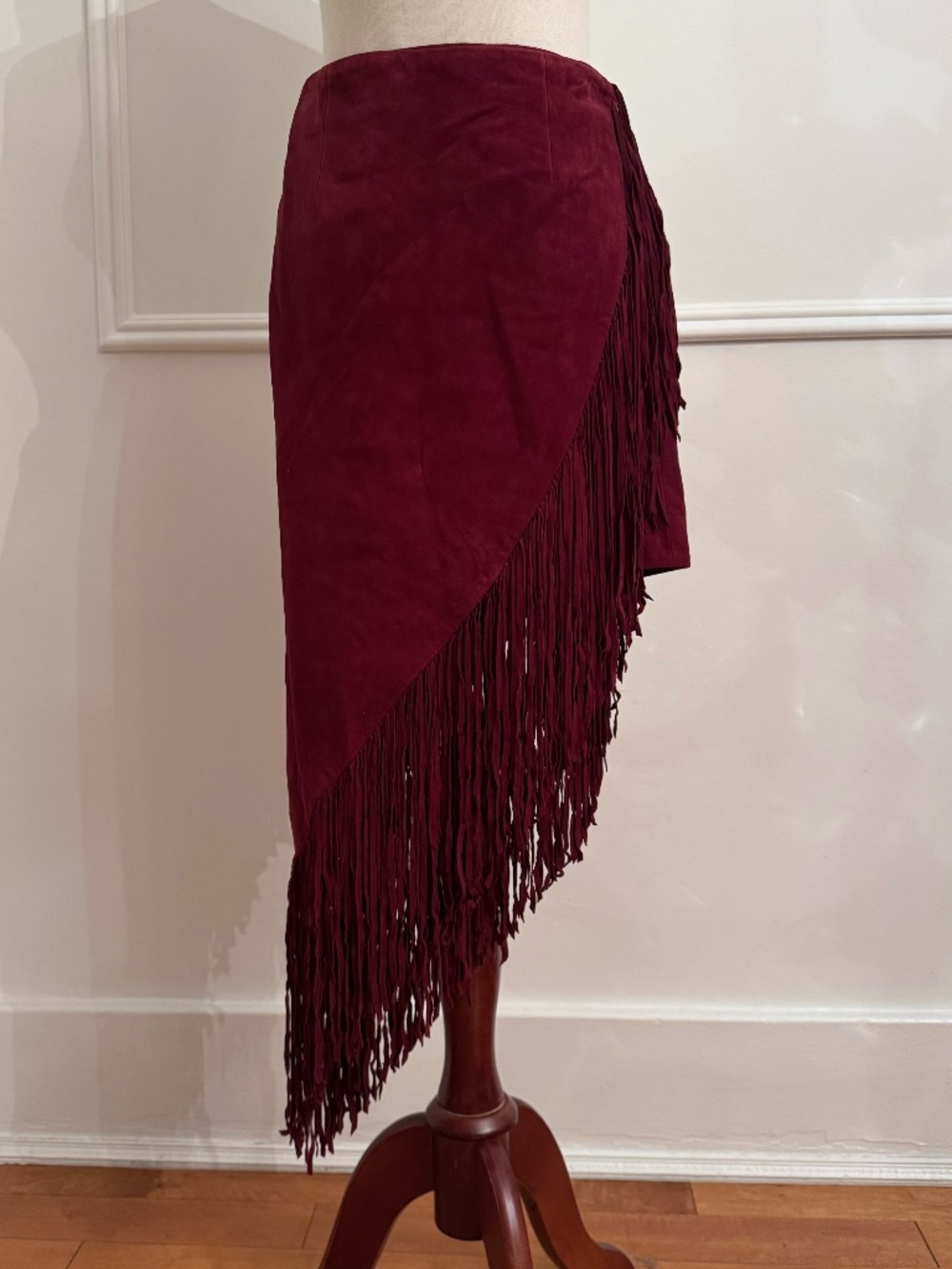 NWT Intermix Burgundy Suede Fringe Skirt Asymmetric Wrap Goat Leather Size P XS